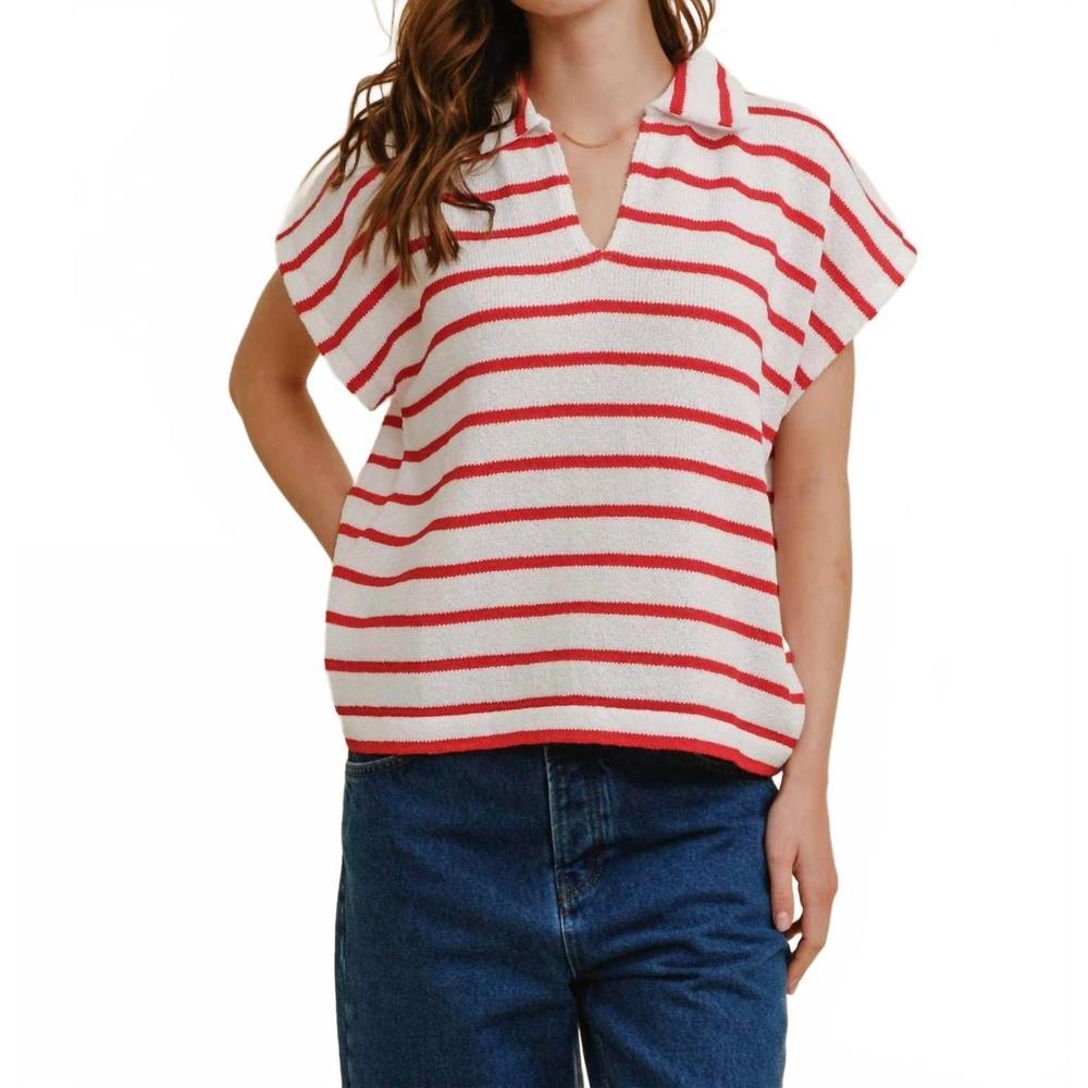 NEW CLOUD TEN striped collared v neck top in burgundy